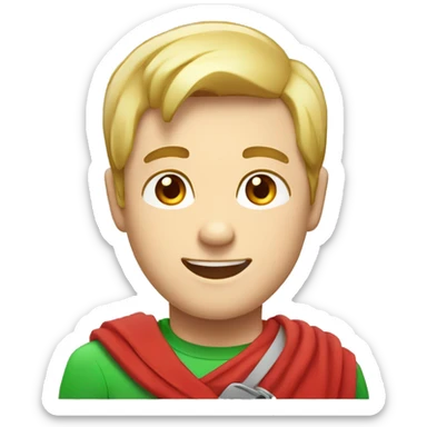 male character emoji, white forehead band with red circle, hearts for eyes, happy expression, green shirt sticker