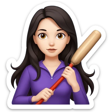 woman with long dark hair holding a flying bat sticker