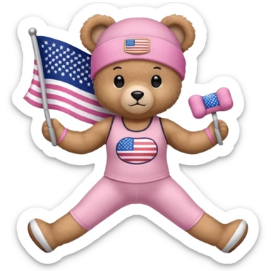 osito de peluche cafe claro con ropita rosa claro y estapado de la bandera de usa y otro con una liga de pilates en la cabeza y con ropa deportiva sticker