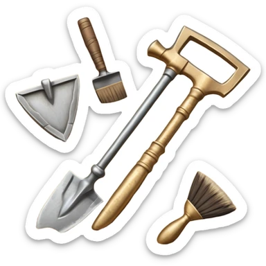 An icon showing archaeological tools—trowel, brush, and pickaxe—laid out on the sand, with the ancient Karnak temple ruins in the background. The design symbolizes exploration and discovery of ancient Egyptian history. Transparent background sticker