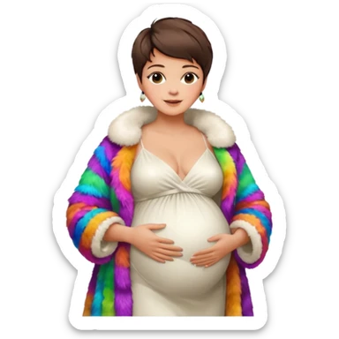 pregnant stylish woman with short pixie brunette hair happily touching her big belly while wearing white gown and fancy fur coat and colorful shades sticker