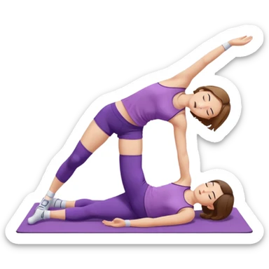 Девушка с короткими волосами до плеч русого цвета, с черными бровями, карие глаза, у неё фиолетовый спортивный костюм с топиком и шортами и белые носки, она занимается йогой в позе бибаласана sticker