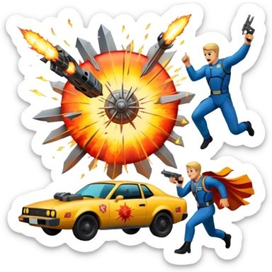 Icon for Action Movies Collage: Collage of iconic action movie elements, including explosions, a hero with weapons, a high-speed chase, and dramatic fight scenes. The design should be dynamic, colorful, and full of energy, capturing the essence of action films. Transparent background. sticker