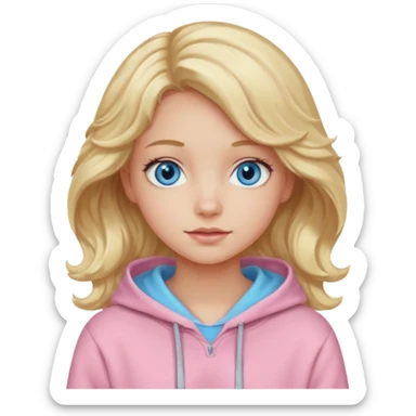 Generate a blonde girl with blue eyes with wavy hair in a pastel pink hoodie  sticker