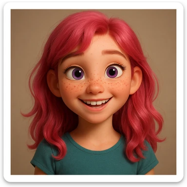 3D Disney-style girl character with pink hair, purple eyes, freckles, smiling, in the style of a Disney animated movie character sticker