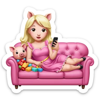 lady pig wearing pink kawaii dress reclining on couch scrolling on an iphone and eating candy pop art portrait sticker