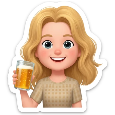 Happy girl, blond girl, party vibe with a cider sticker