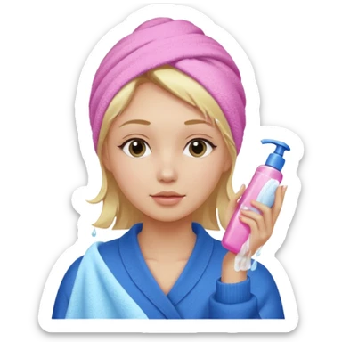 A girl grabbing a pink serum with a towel in blonde hair with a white shower towel in her hair with skincare on her face dressed in a blue sweater sticker