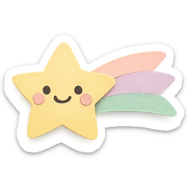 kawaii soft yellow shooting star with smiling face and pastel trail, no arms, no legs, full body, soft pastel kawaii paper craft style sticker