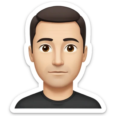 Attractive man in his 40s with youthful appearance, light brown skin, elongated face, defined jawline, medium dark eyes, arched eyebrows, straight nose, handsome friendly expression, short dark hair styled upward, athletic build, wearing a fitted black t-shirt sticker