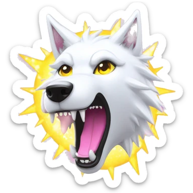 Lightning running sparkling glitter white wolf snarling huge eyes sun halo black white pink red yellow sticker