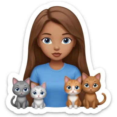 a pretty bratz dusky girl with long brown hair, blue eyes with six cats nd wearing a grey tshirt sticker