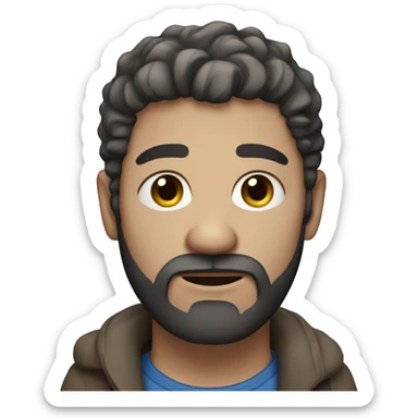 a homeless person, white skin, blue eyes, short hair, beard sticker