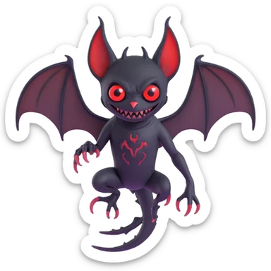 an all black reptilian bat-like creature. One cyclopian red eye in its face. no visible mouth or ears. 2 hind legs with claws. has a long tale with a stinger. no ears. no horns. no arms. visible bone-like stinger at end of tail sticker