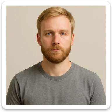 blonde guy with a beard, neutral expression, upper body, simple background sticker