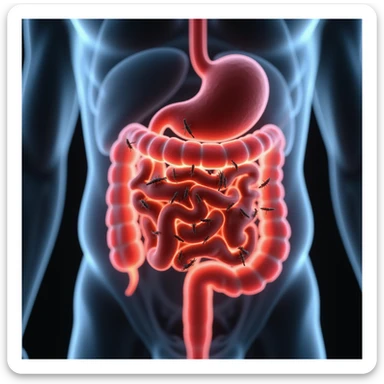 conceptual image of transparent human intestine with parasites highlighted in red, educational style, detailed, 4K sticker