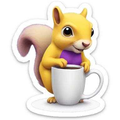 purple squirrel in a yellow dress with a mug of coffee in its paws sticker