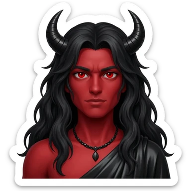Satan from Christian Mythology with red skin, red eyes, long black hair, black metallic toga, black necklace sticker