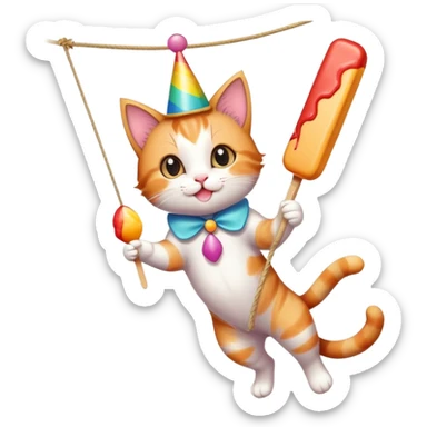 Baby cat balancing on a tight rope in carnival over a fire holding a popsicle with party hat sticker