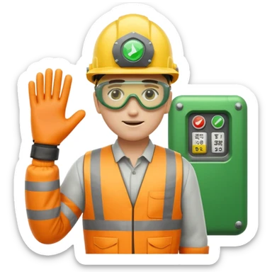 modern emoji icon of worker in helmet goggles gloves standing by guarded industrial machine with green shield safety signs industrial color palette yellow orange gray green emphasizing protection regulation machinery safety sticker