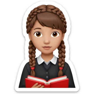 brown braid hair girl kid, student, black gile, red book sticker
