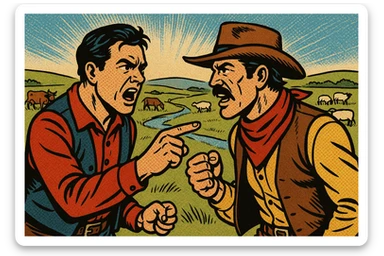 A homesteader having an argument with a cattle rancher cowboy in the grasslands of the American West in the 1870s. There are cattle and sheep grazing in the background with a small stream running through the land. sticker