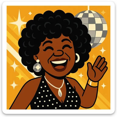 Create an emoji of this lady in a 1970s disco theme, using a color palette of black, silver, gold, and white. Capture her joyful expression and hairstyle, and dress her in a 70s disco outfit with matching accessories, in a vibrant toon style. sticker