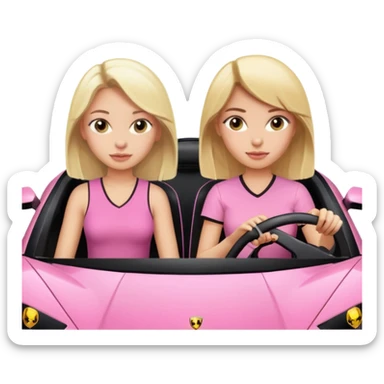 Car facing forward in pink sports car. The best friend girls are but smiling but very pretty, just neutral expression. One girl is blonde, one girl is brunette. Front of car sitting in the seats. Make it a pink sports car. They are two baddies make it a Lamborghini pink car  sticker