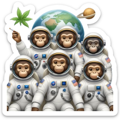group of apes in astronaut suits floating in space smoking weed sticker