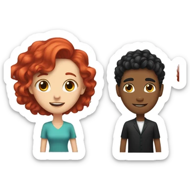 A girl with red wavy hair and a guy with black hair with a comb over, they toss sticker
