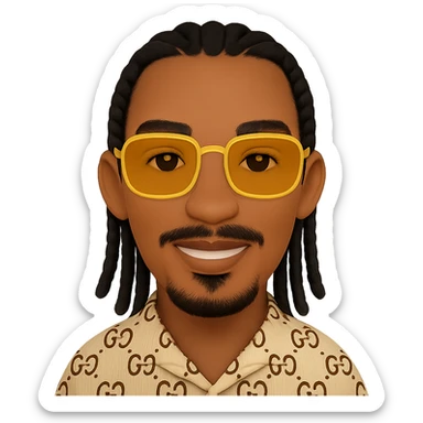 Create an emoji style smiley with a thin face, slightly lighter skin tone, chin-only beard, mustache only above the upper lip (no beard or mustache below the lower lip), very detailed black braided hair as shown in the reference photos, rectangular golden sunglasses, beige top with GG pattern and visible collar, faithful to the photo details, on a transparent background. sticker