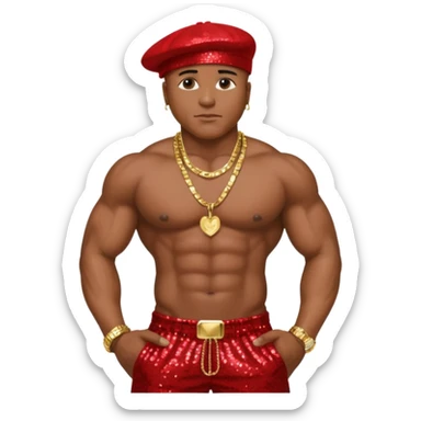LL Cool J with red sequin baggy pants, shirtless with necklace sticker