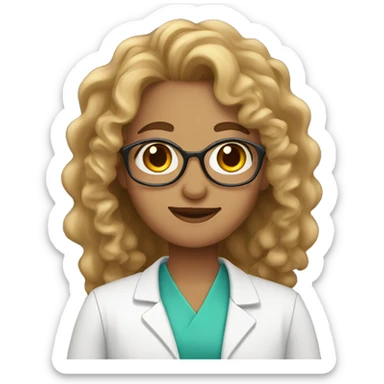 Pharmacist with long curly hair and makeup sticker