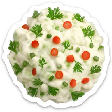 russian salad olivier, dill on top of a dish sticker