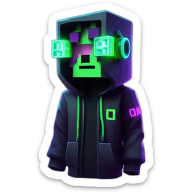 Minecraft Creeper wearing a black hoodie with "OMG" letters on it and VR headset in a cyberpunk VR environment with violet neon lighting. sticker