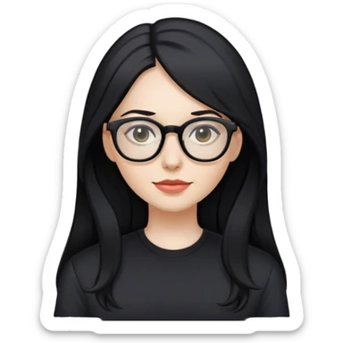pale woman with long black hair, wearing glasses and black shirt in an office sticker
