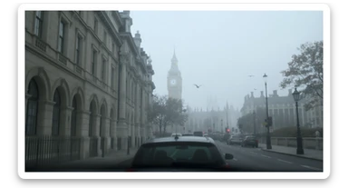 Cinematic shot of a london street, cloudy foggy day, soft light, leading lines to big ben in distance, multi composition, in foreground blurred car, on second street around UK bulding, od another plan in distance big ben, birds flying, artistic look, captured on arri alexa 35, triadal composition sticker