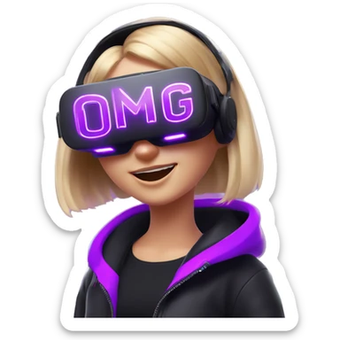 Russian girl wearing black hoody with violet letters "OMG", in vr headset oculus quest2. Dancing. Cyberpunk style. Violet neon. sticker