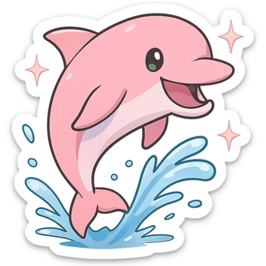 Resize to 128x128 pixels. Pink dolphin enjoying swimming with water effects and a big smile. Keep background transparent. Render in anime style. sticker