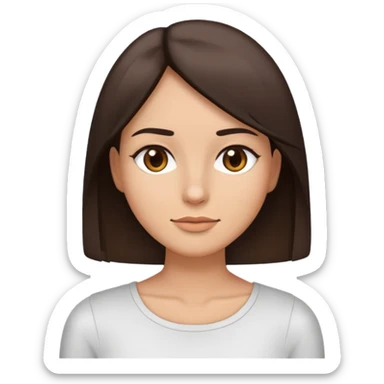 Brunette with straight hair, dark brown eyes, mid length hair, slight smile, really pretty, closed lips, cut off emoji mid waist sticker