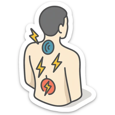 silhouette of a back with pain zones in the neck, lower back, and shoulder blades, with symbolic icons of pain or stress such as lightning bolts and pulses, representing psycho-emotional tension, 2D isometric style with clear shadows and highlights, transparent background sticker