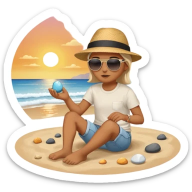 Someone sitting on the ground in the Beach close to the water and throws stone at the water and it's a sunset sticker