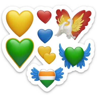 Yellow heart, green heart, Irish flag, blue heart, wings around red heart in a row sticker
