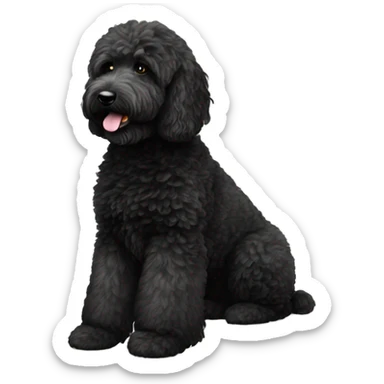 Black goldendoodle with white chest sticker