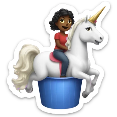 Scarlett riding a unicorn inside of a bucket sticker