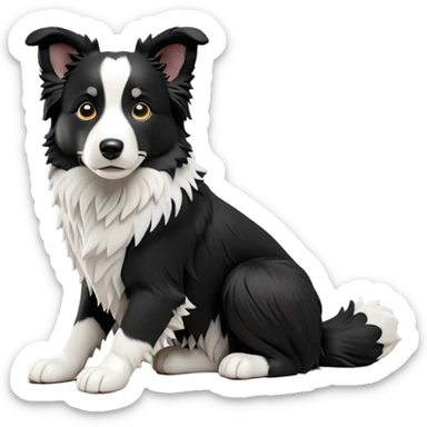 cinematic-[border collie dog]-realistic-full-body-sitting-emoji,-tail-resting-loosely-beside-its-paws,-head-tilted-dramatically,-scruffy-[black and white]-fur,-simplified-yet-realistic-focused-features,-highly-detailed,-glowing-with-an-almost-sarcastic-glow sticker