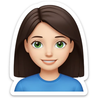 Create a girl with dark brown straight hair and bluey green eyes, cartoon emoji sticker