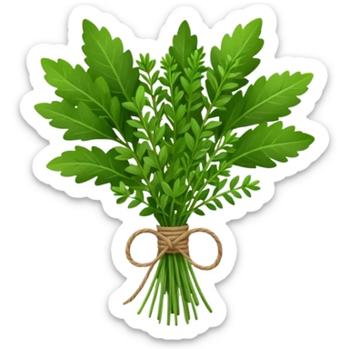 bouquet garni, small bundle of thyme, bay leaf, parsley, tied with twine, green leaves, textured, neat, soft lighting, subtle shadows, no pot, no dish, no faces, emoji scale sticker