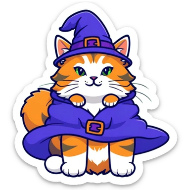 full body Maine coon ginger tabby cat flopped over on her back wearing an indigo witch hat sticker