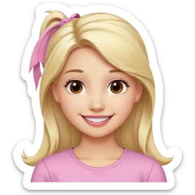 a cute woman like a barbie is smiling, her hair is long, blonde and half ponytail, her eyes color are brown and the color of her lip is soft pink sticker
